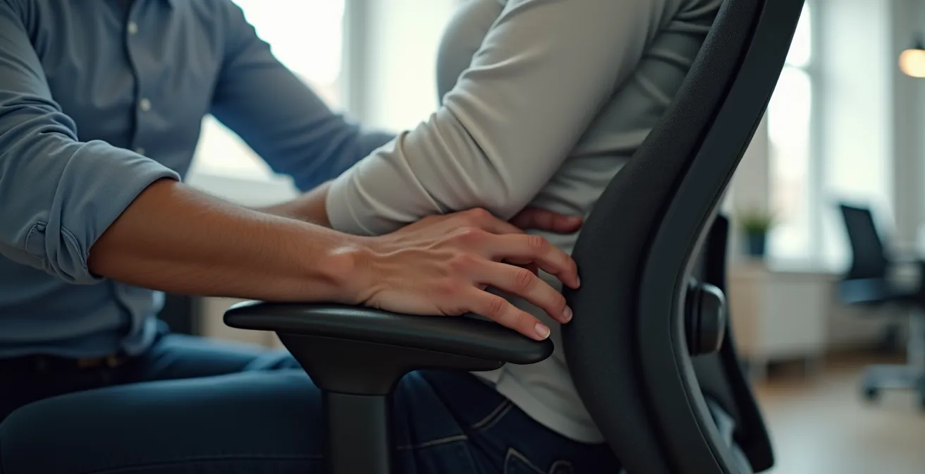 Demostración detallada del ajuste de soporte lumbar y mecanismo sincro en silla ergonómica
