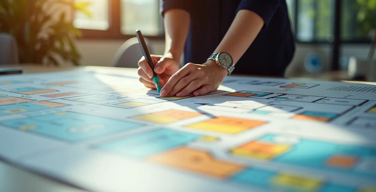 Plano de oficina con visualización tipo mapa de calor mostrando patrones de ocupación