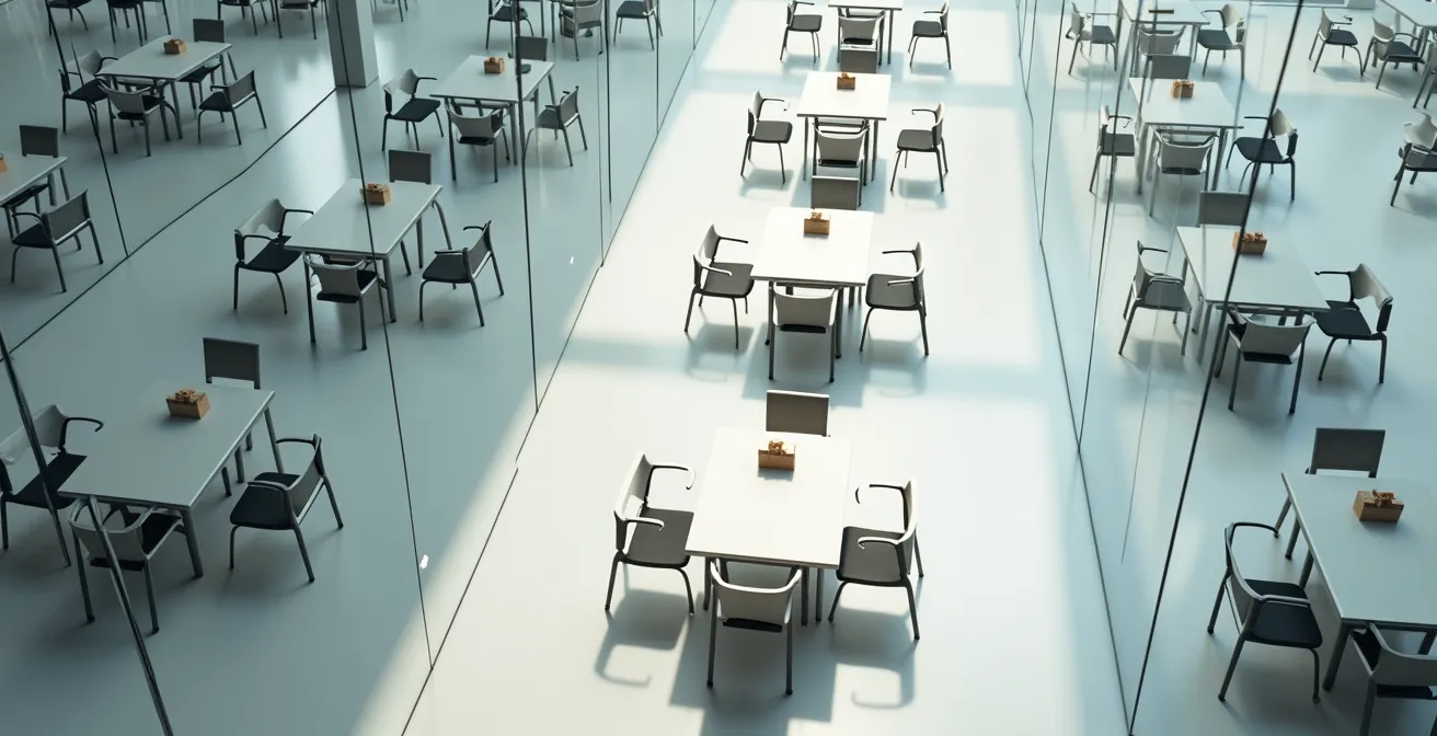 Vista aérea de salas de reuniones con diferentes niveles de ocupación
