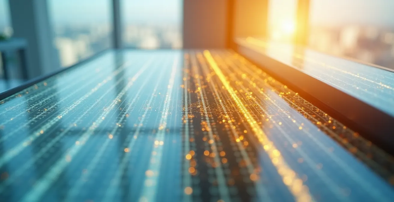 Vista macro de paneles LED modernos y ventanas de alta eficiencia energética en instalación empresarial