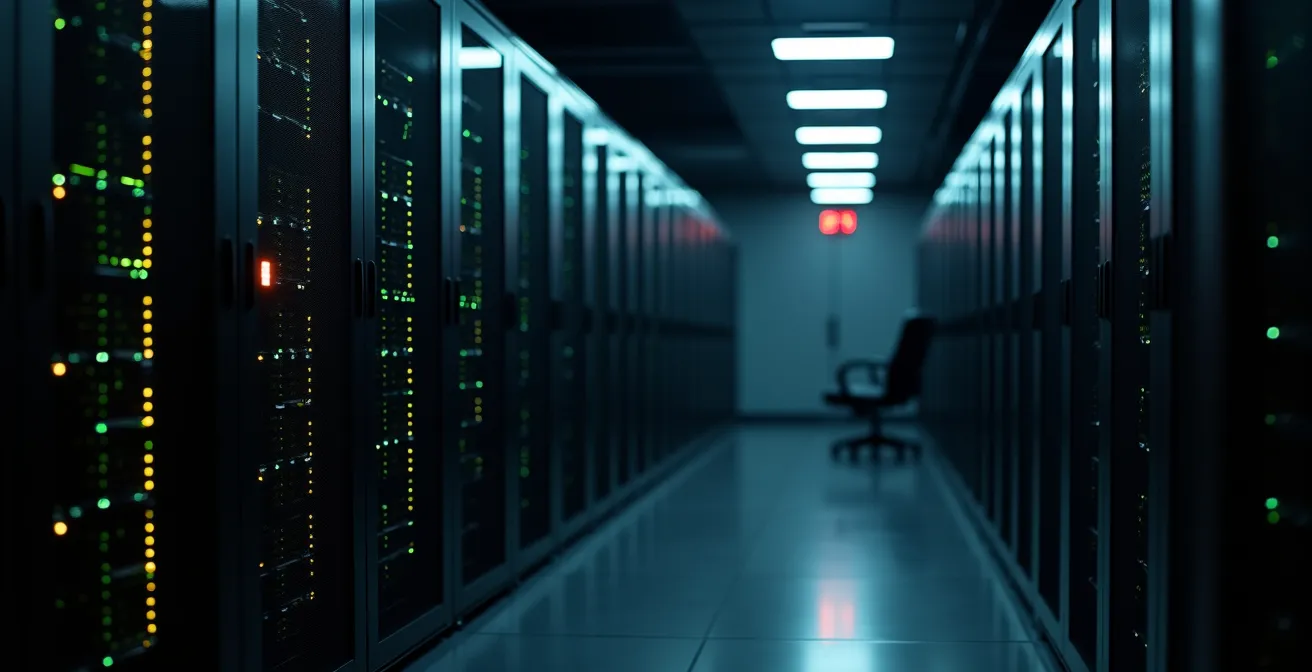 Vista nocturna de centro de datos con luces de servidor brillando en la oscuridad