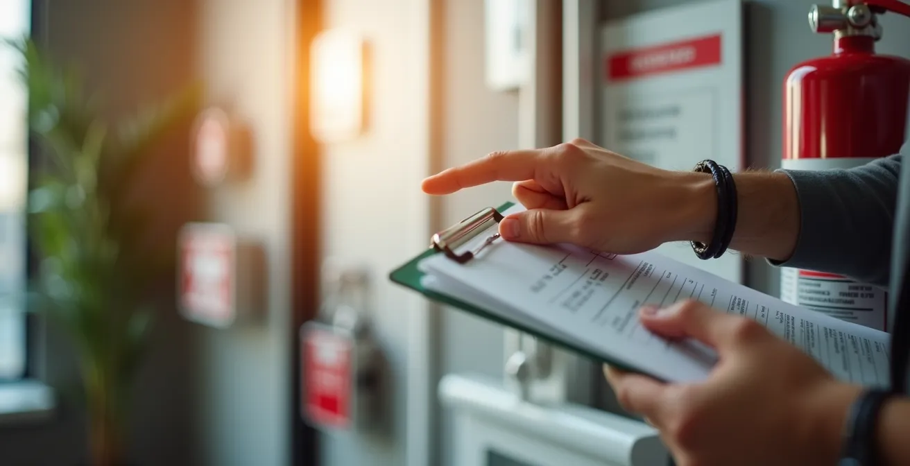 Manos revisando elementos de seguridad en oficina con sistema de colores semáforo