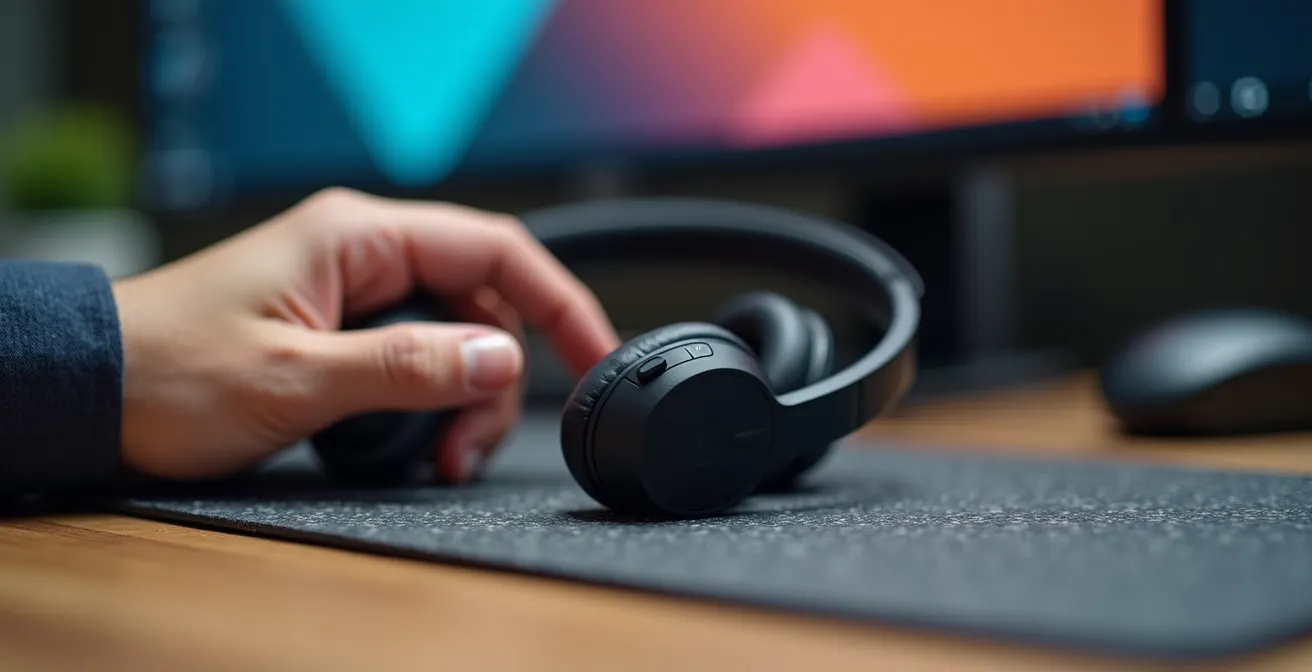 Vista macro de mano profesional sobre escritorio con auriculares y pantalla mostrando proceso de trabajo