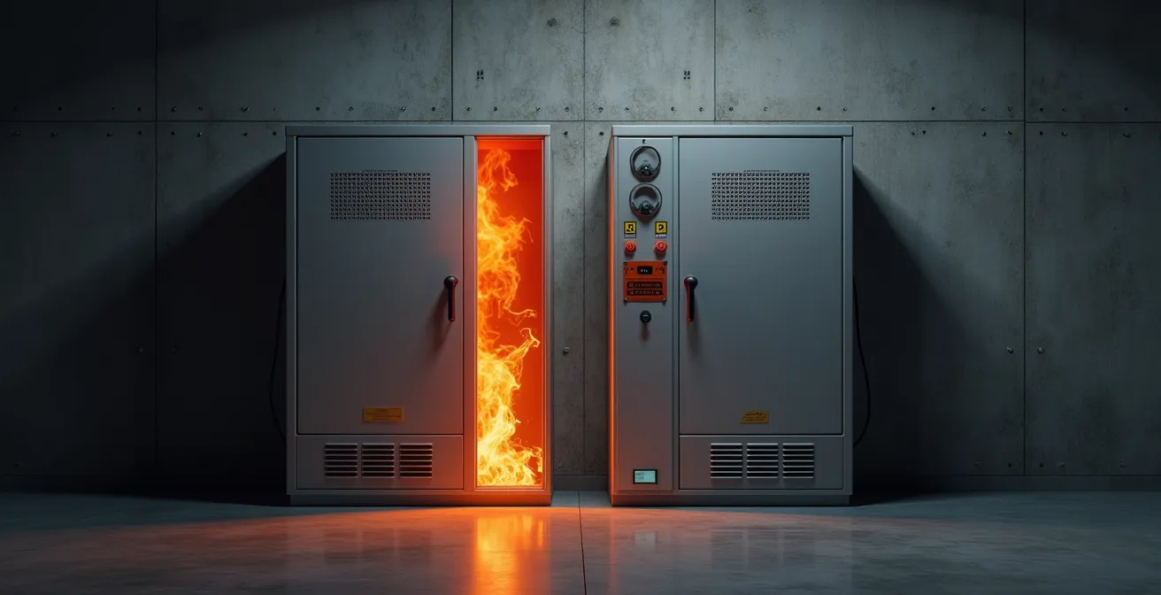 Comparación entre armario metálico estándar y armario certificado para carga de baterías con sistemas de seguridad