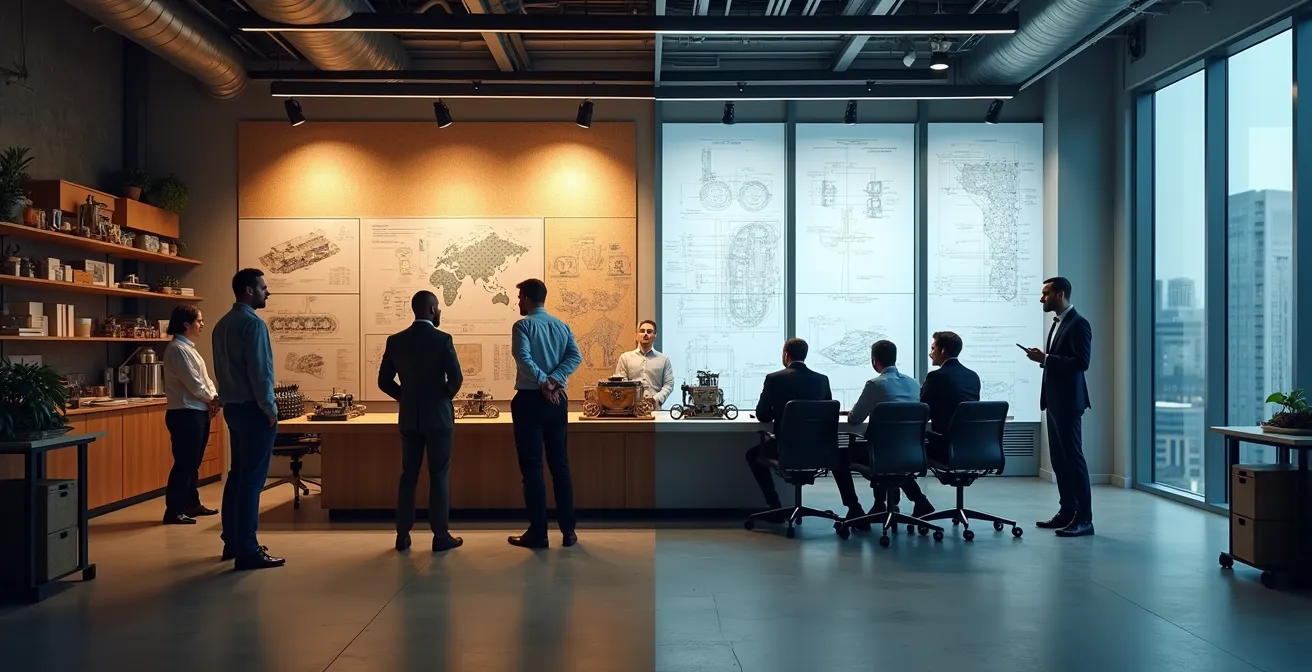 Contraste visual entre espacio boutique íntimo y torre corporativa moderna