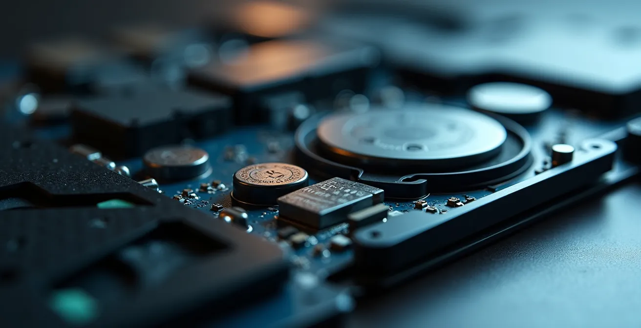 Detalle macro de componentes internos de alta calidad en portátil empresarial