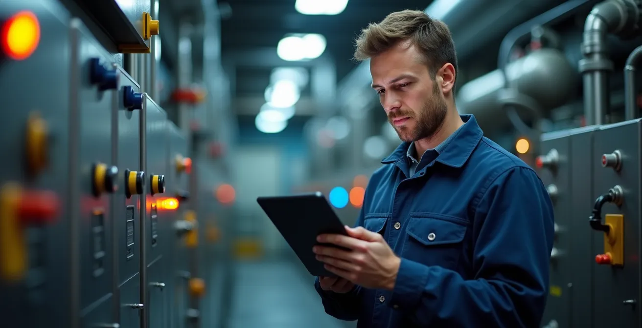Técnico de mantenimiento utilizando tablet con software GMAO en sala de máquinas industrial