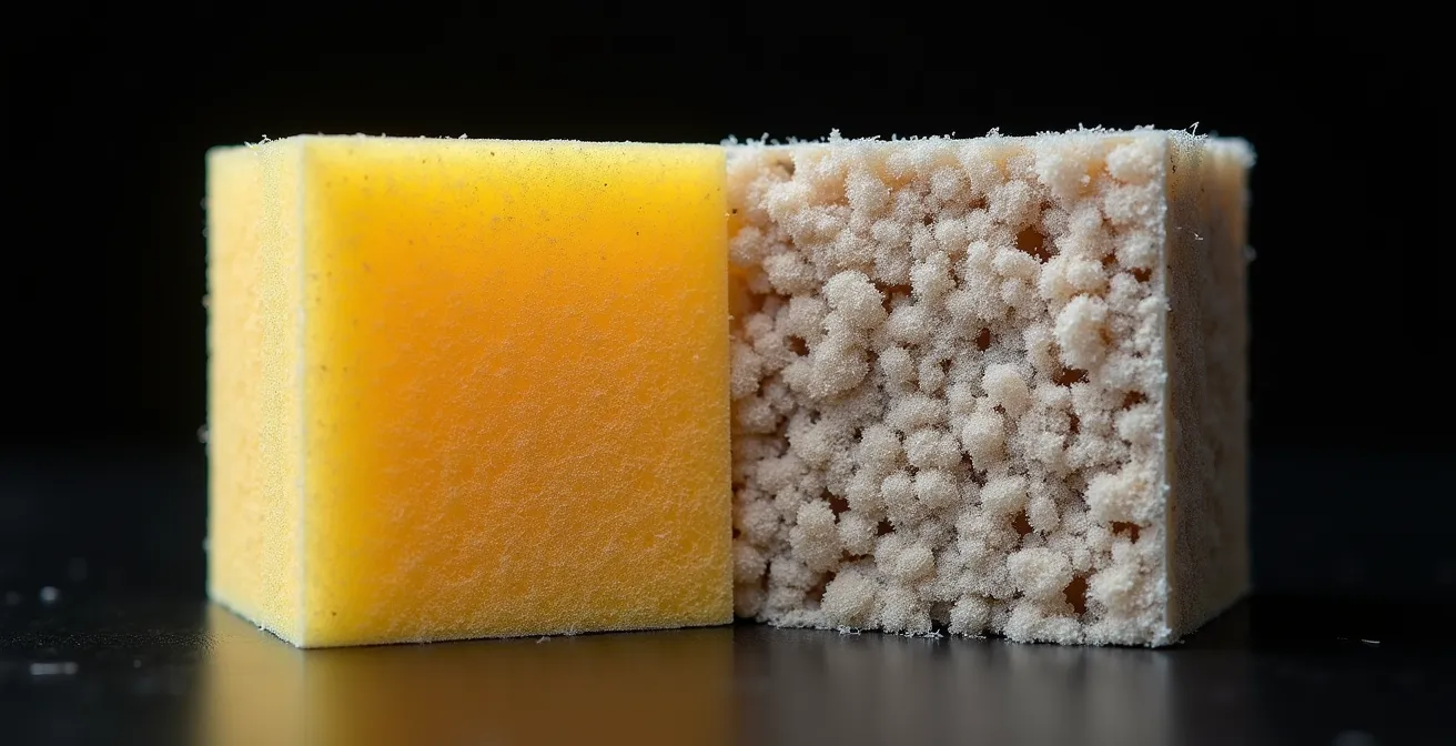 Detalle macro de diferentes materiales acústicos mostrando su estructura porosa