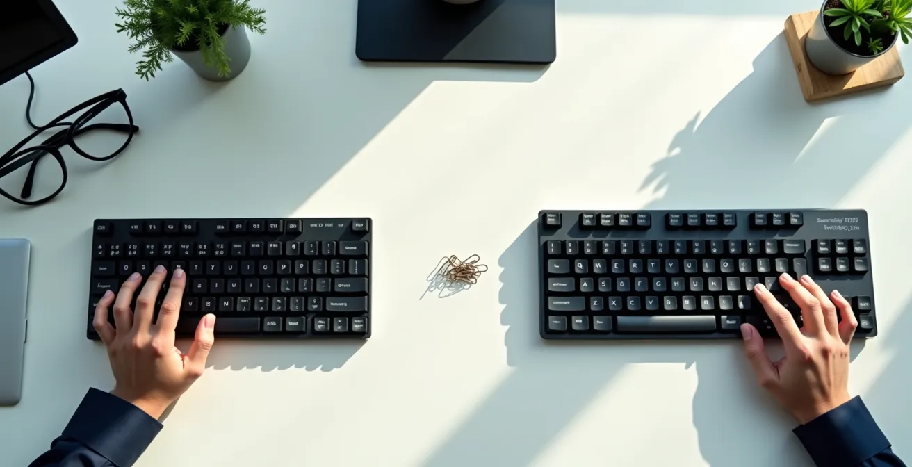 Vista cenital comparando un teclado partido ergonómico con uno convencional en un escritorio