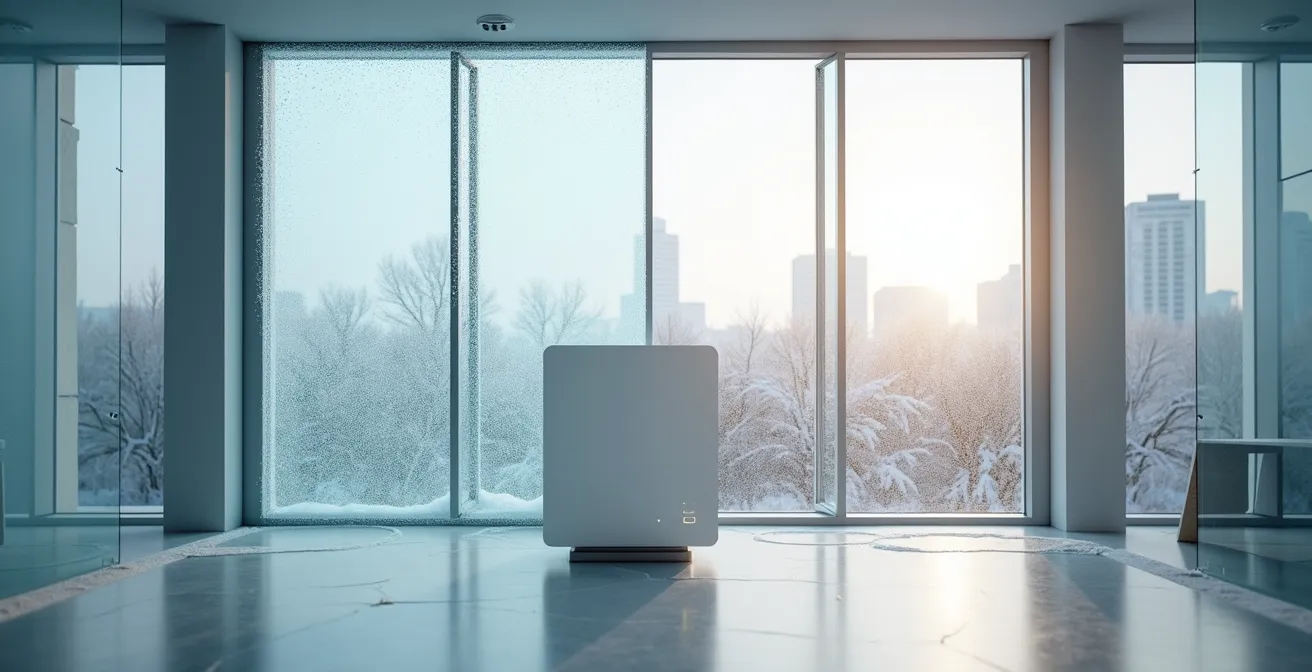 Comparación visual de sistemas de ventilación y purificación en oficina durante invierno
