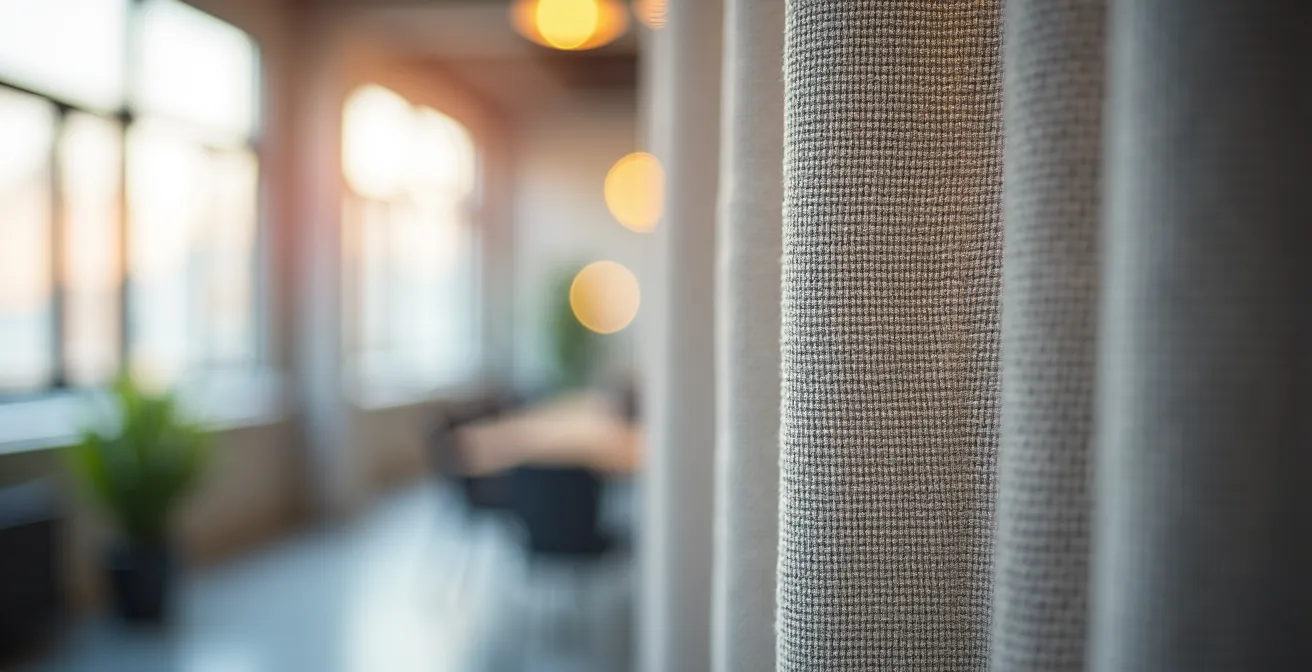 Cortinas ignífugas elegantes con textura natural en oficina contemporánea