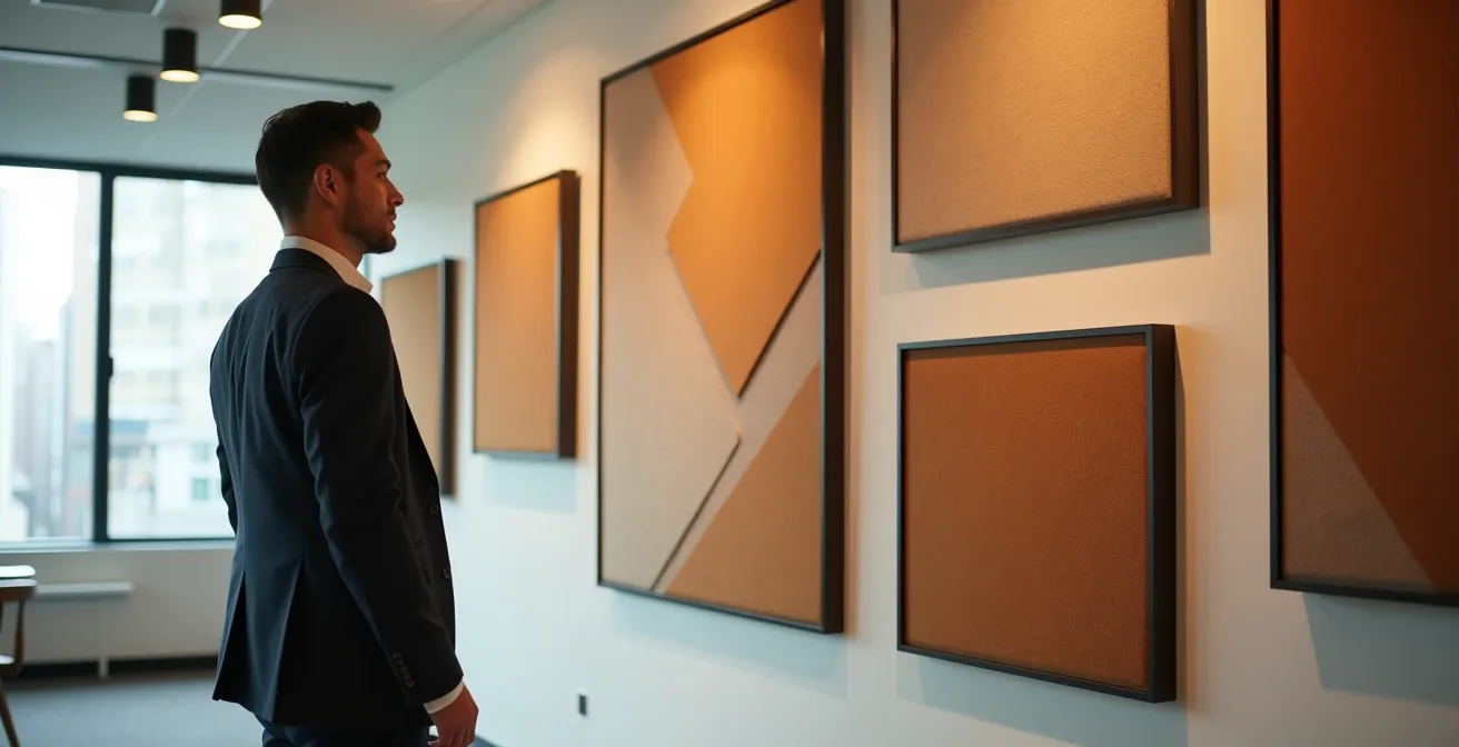 Cuadros acústicos decorativos instalados en pared de oficina ejecutiva