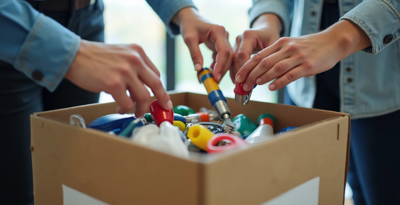 Manos de varios empleados devolviendo material de oficina no utilizado a una caja durante un evento de amnistía.