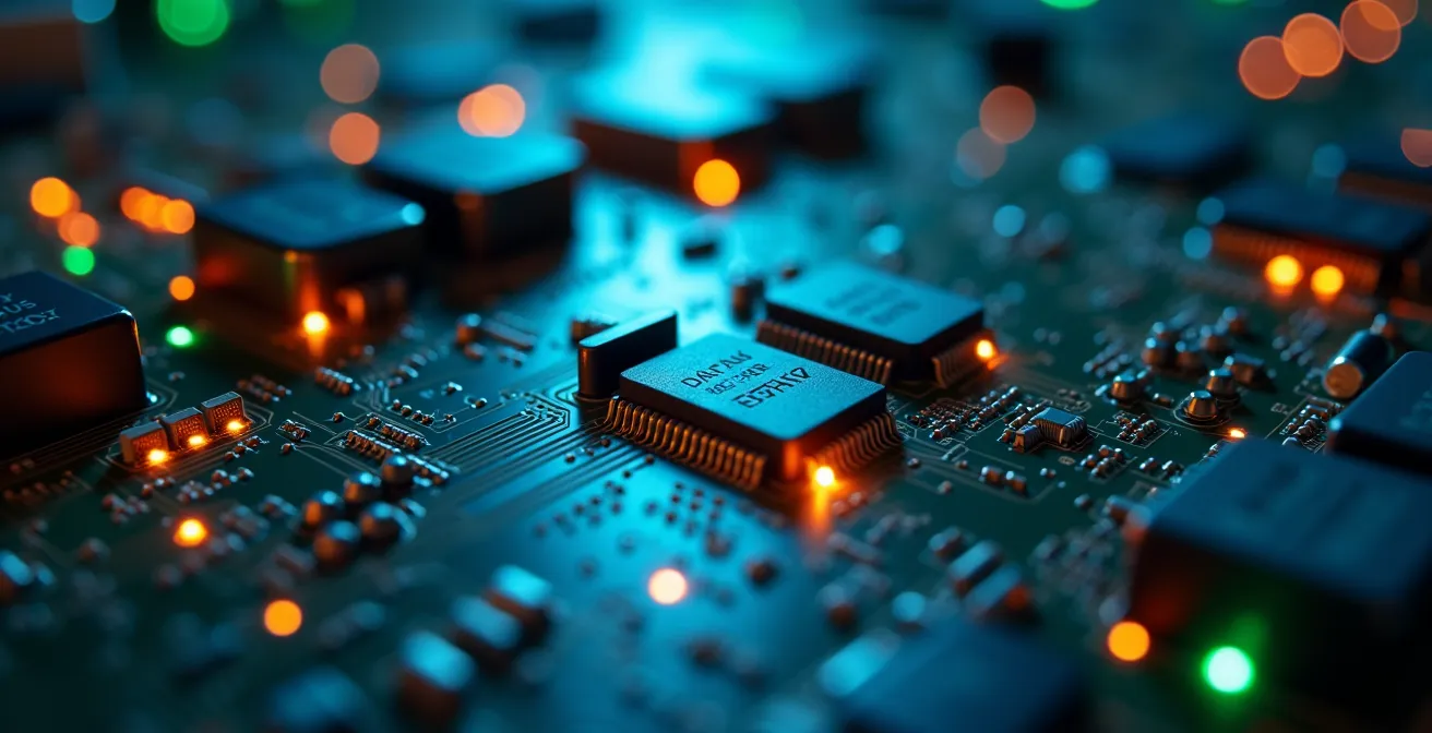 Técnico IT analizando datos de diagnóstico remoto en pantalla macro