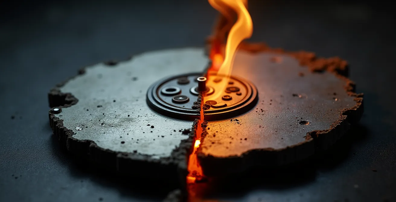 Comparación visual de la resistencia térmica entre papel carbonizado y componentes magnéticos de disco duro