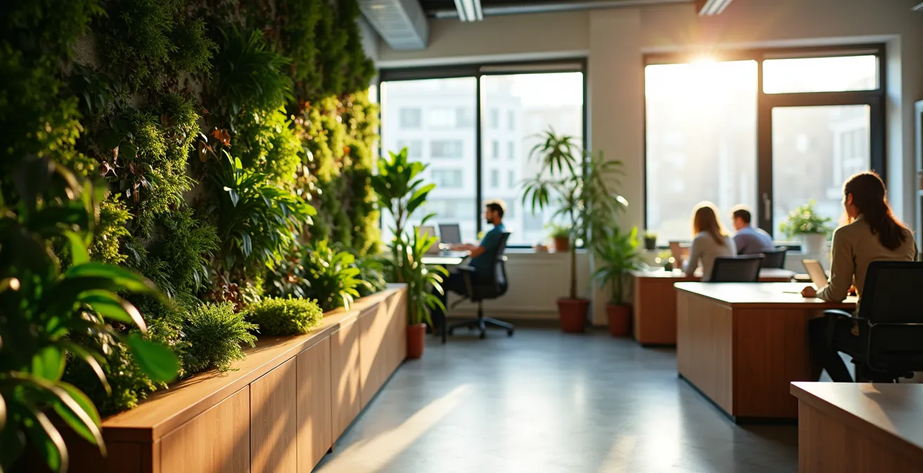 Oficina moderna con diseño biofílico integrando naturaleza y arquitectura