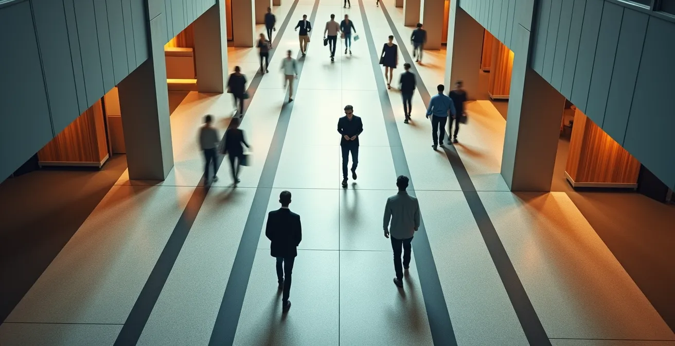 Vista aérea de oficina mostrando pasillos optimizados con circulación de sentido único y señalización direccional