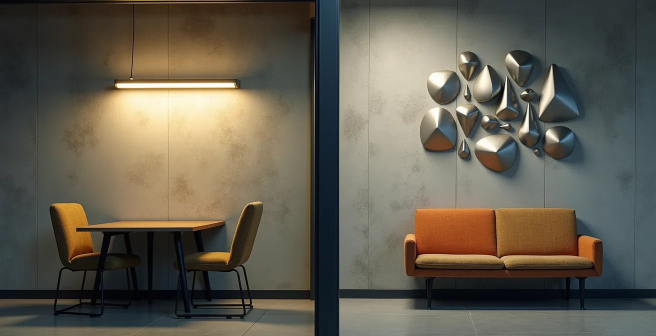 Contraste entre mobiliario desgastado y valores corporativos modernos en la pared