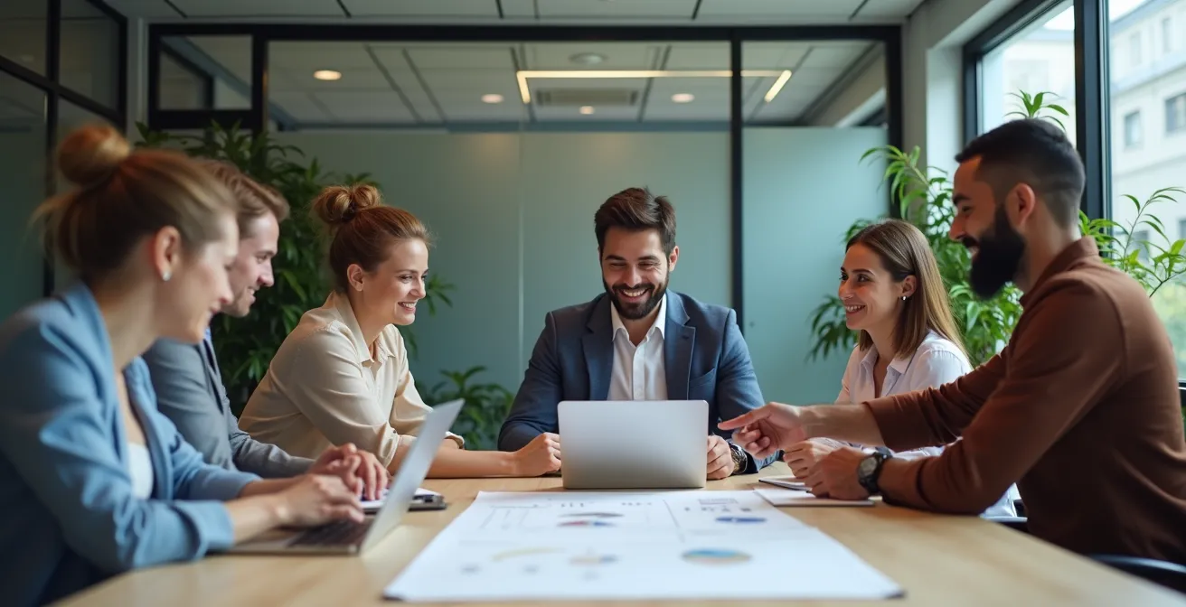 Equipo diverso colaborando durante la transición a un nuevo sistema ERP en la nube