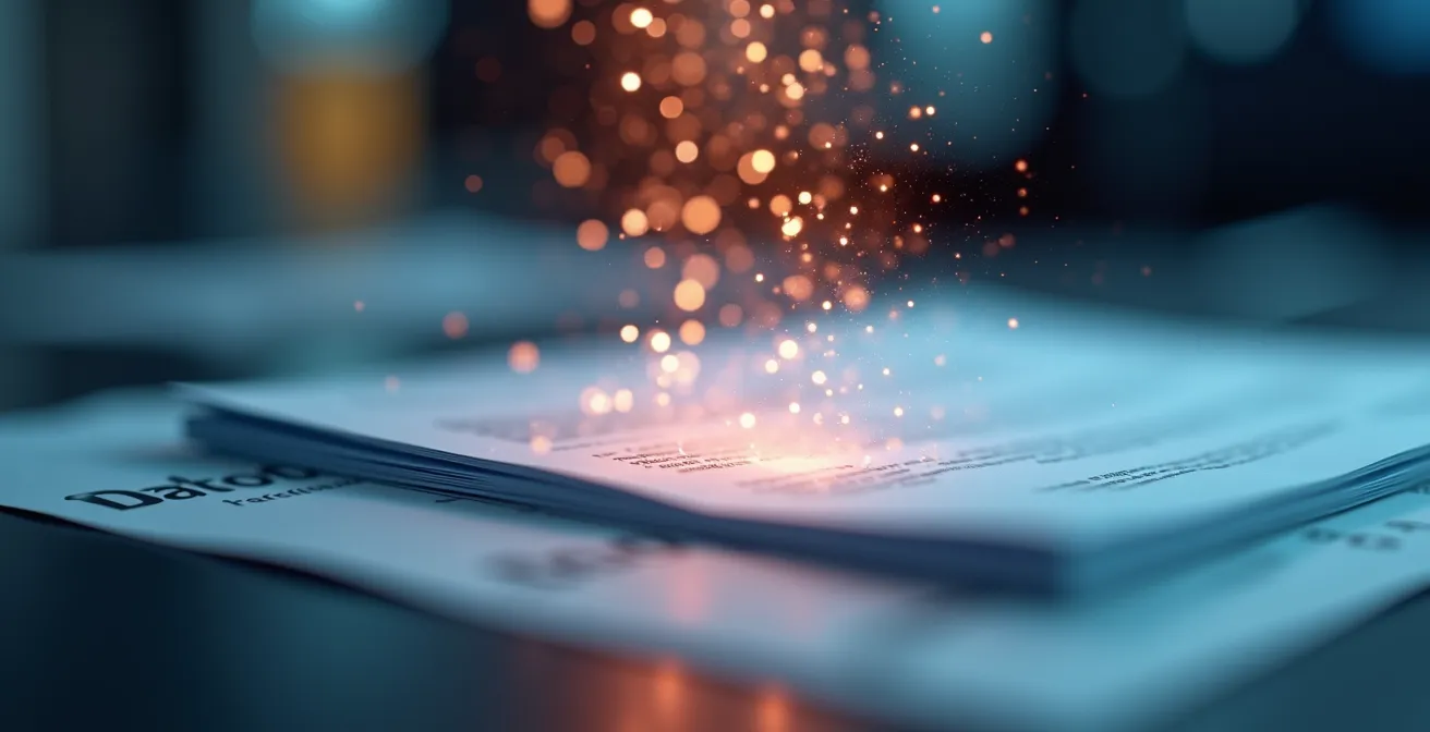 Vista macro de un documento siendo escaneado con partículas de luz representando la extracción digital de datos