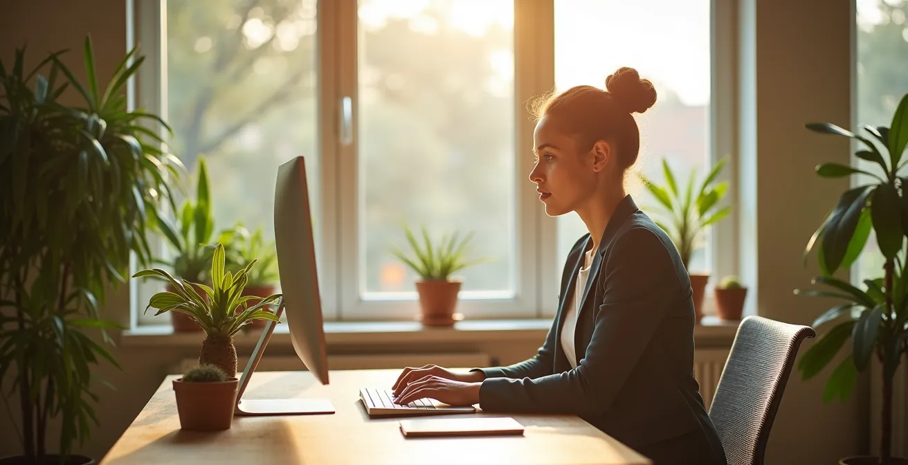 Espacio de oficina luminoso con materiales certificados sin emisiones tóxicas