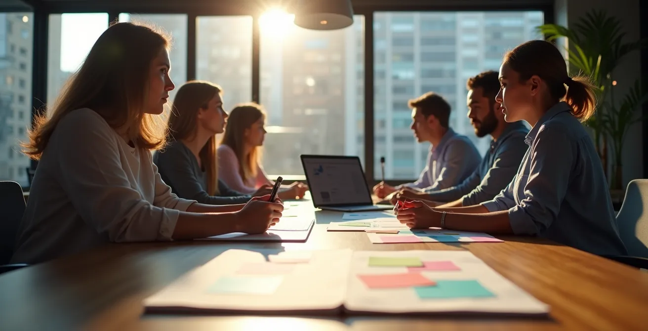 Grupo diverso de profesionales en una reunión informal, mostrando el equilibrio entre tecnología y contacto humano en una oficina moderna.