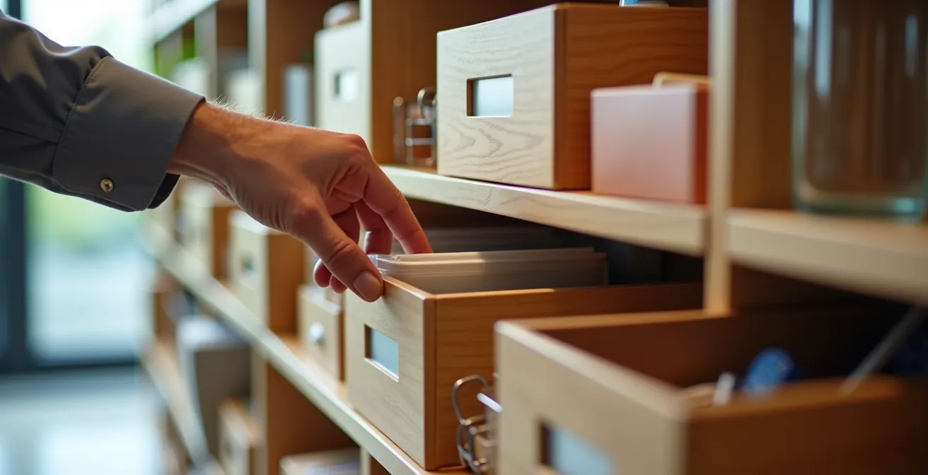 Estación de suministros de oficina moderna y bien organizada con sistema modular