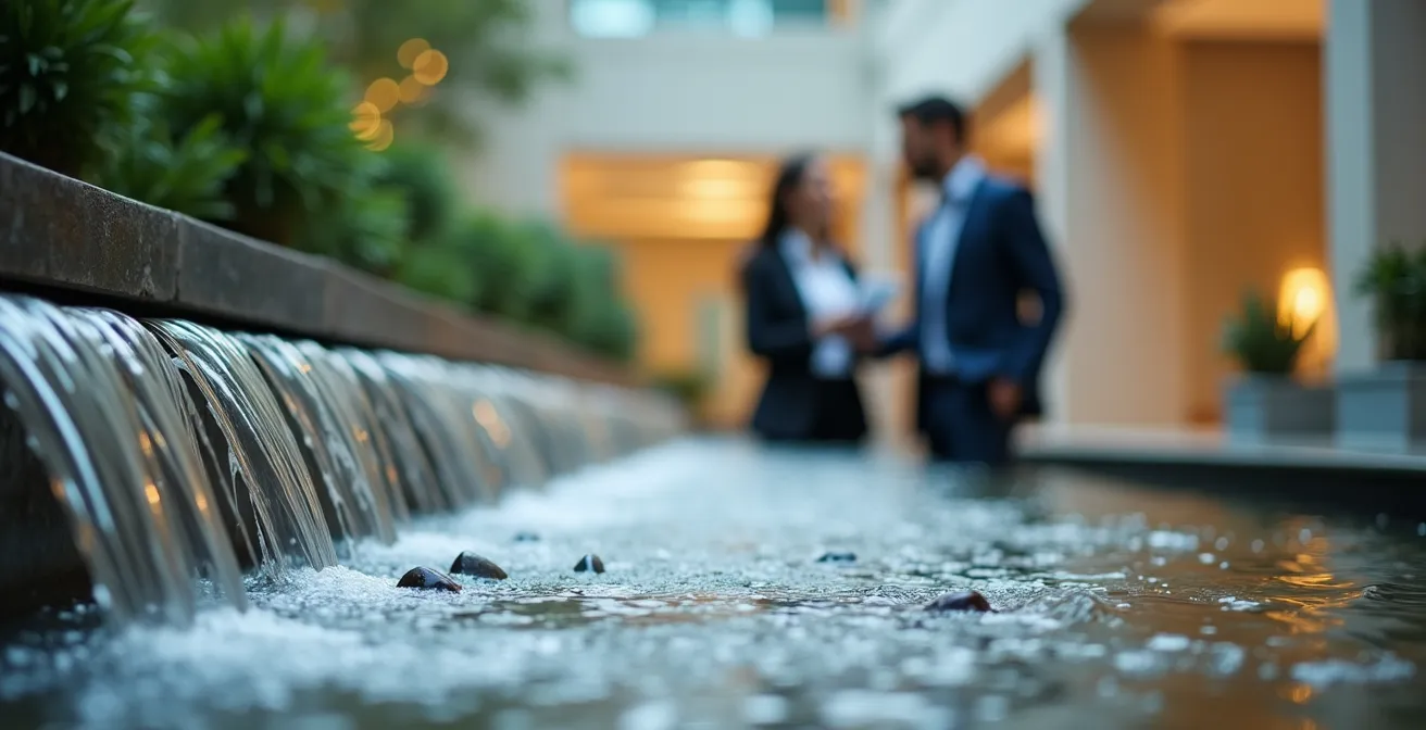 Fuente de agua interior en zona de colaboración de oficina moderna