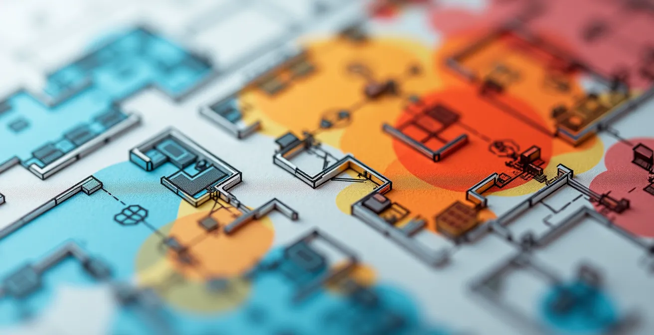 Mapa de calor mostrando zonas de alta concentración y espacios infrautilizados en oficina