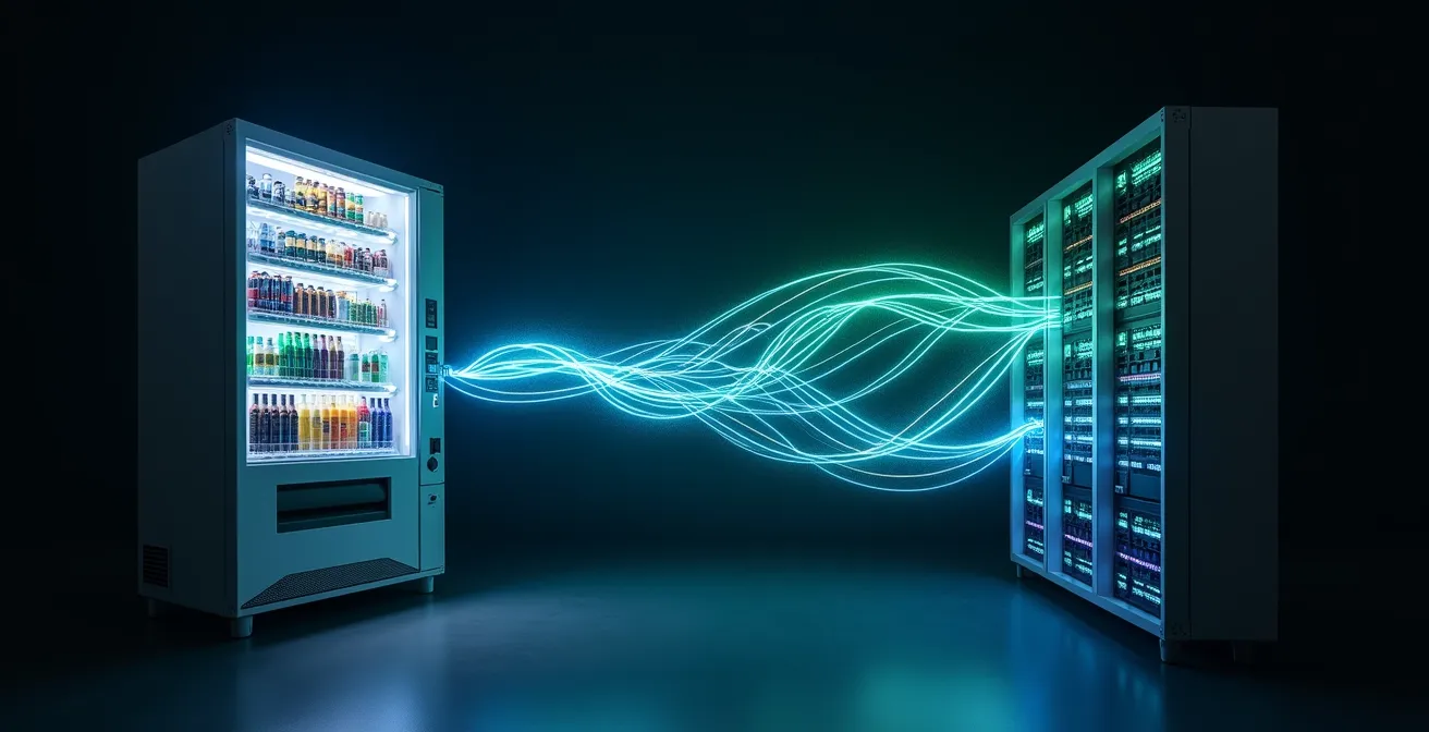 Vista técnica de conexión entre máquina expendedora y sistema ERP con flujo de datos