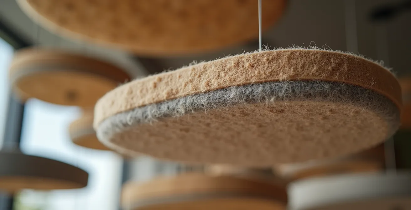 Oficina con islas acústicas suspendidas a diferentes alturas creando zonificación visual