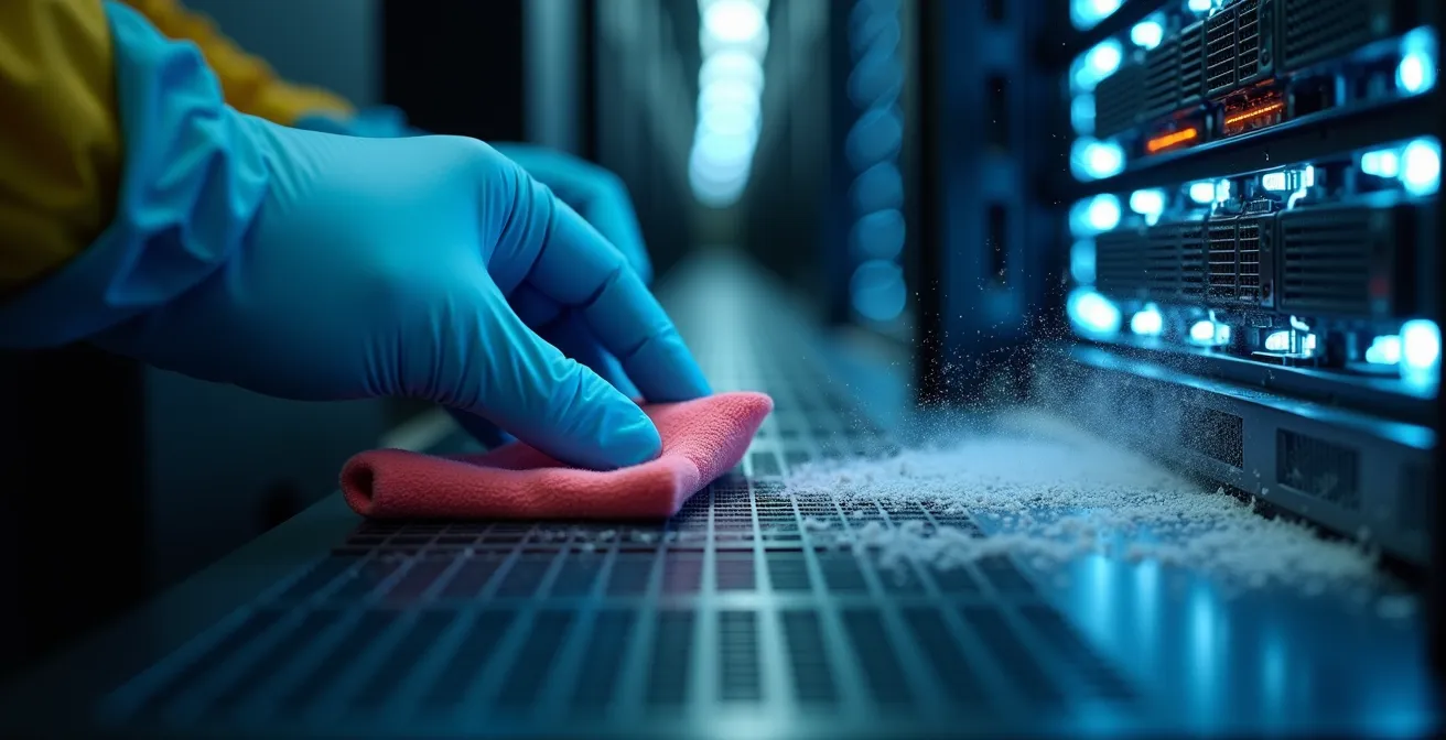 Personal especializado realizando limpieza técnica en sala de servidores con equipamiento antiestático