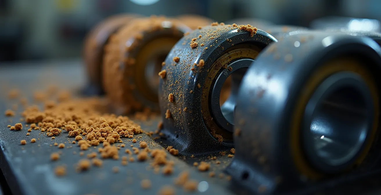 Vista macro de rodamiento industrial mostrando contraste entre zona lubricada correctamente y zona con acumulación de polvo