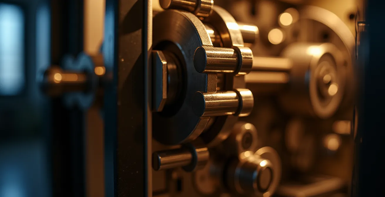 Mecanismos internos de caja fuerte con bulones y engranajes