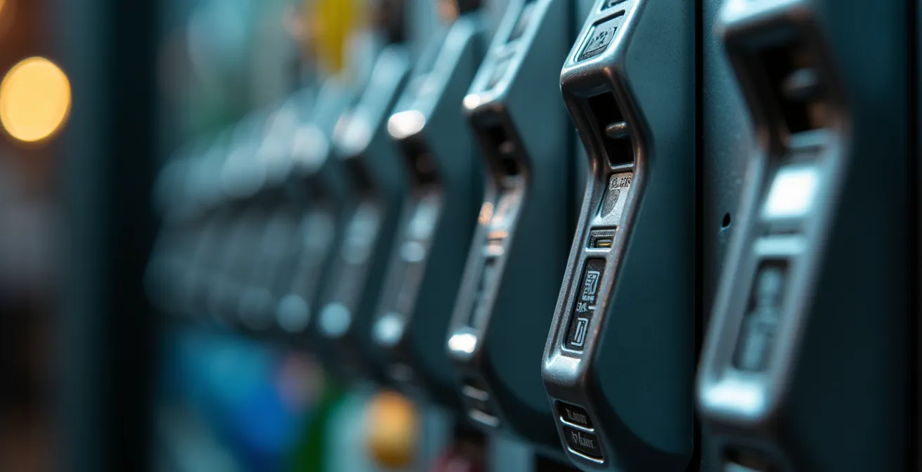 Detalle de una máquina expendedora de material tecnológico en una oficina moderna, simbolizando el servicio 24/7.