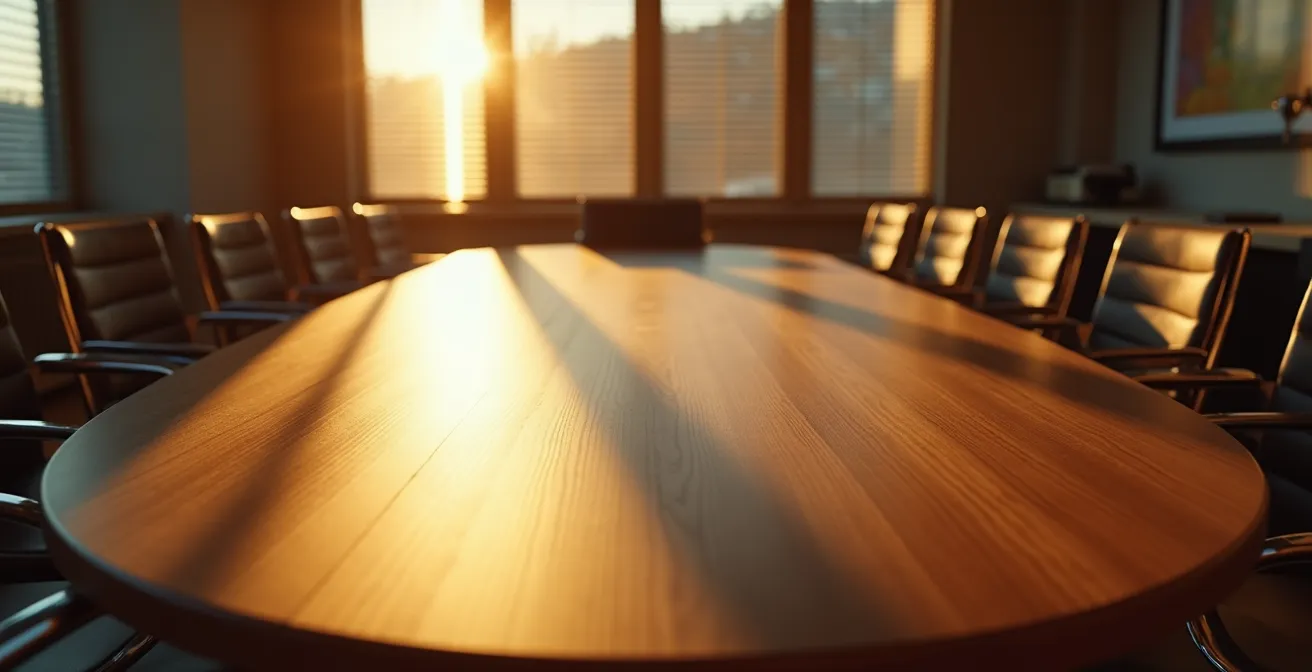 Mesa ovalada de madera con sillas ejecutivas en sala de reuniones luminosa