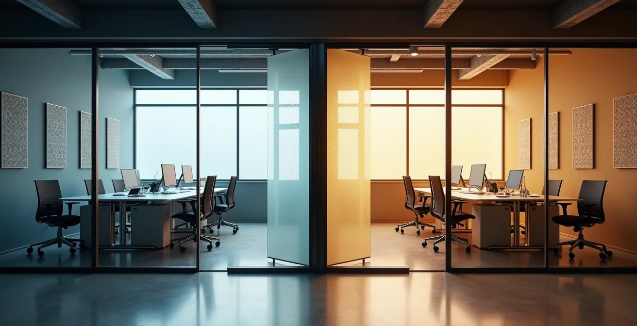 Sistema de paredes móviles en oficina permitiendo reconfiguración del espacio