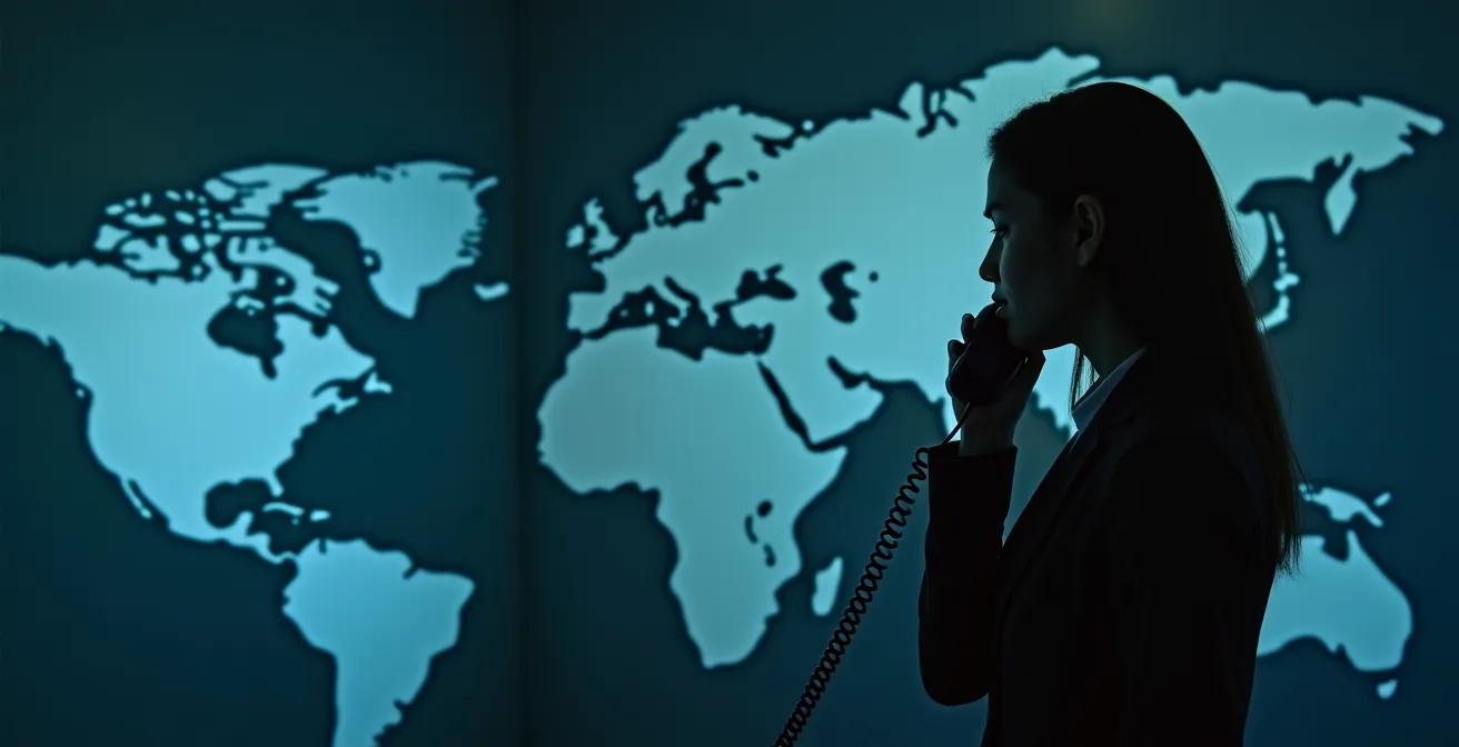 Profesional de negocios en llamada internacional con mapa mundial abstracto de fondo