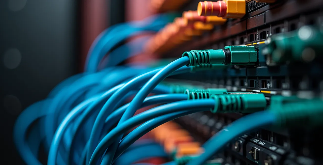 Rack de comunicaciones profesionalmente organizado con cables etiquetados y paneles de gestión