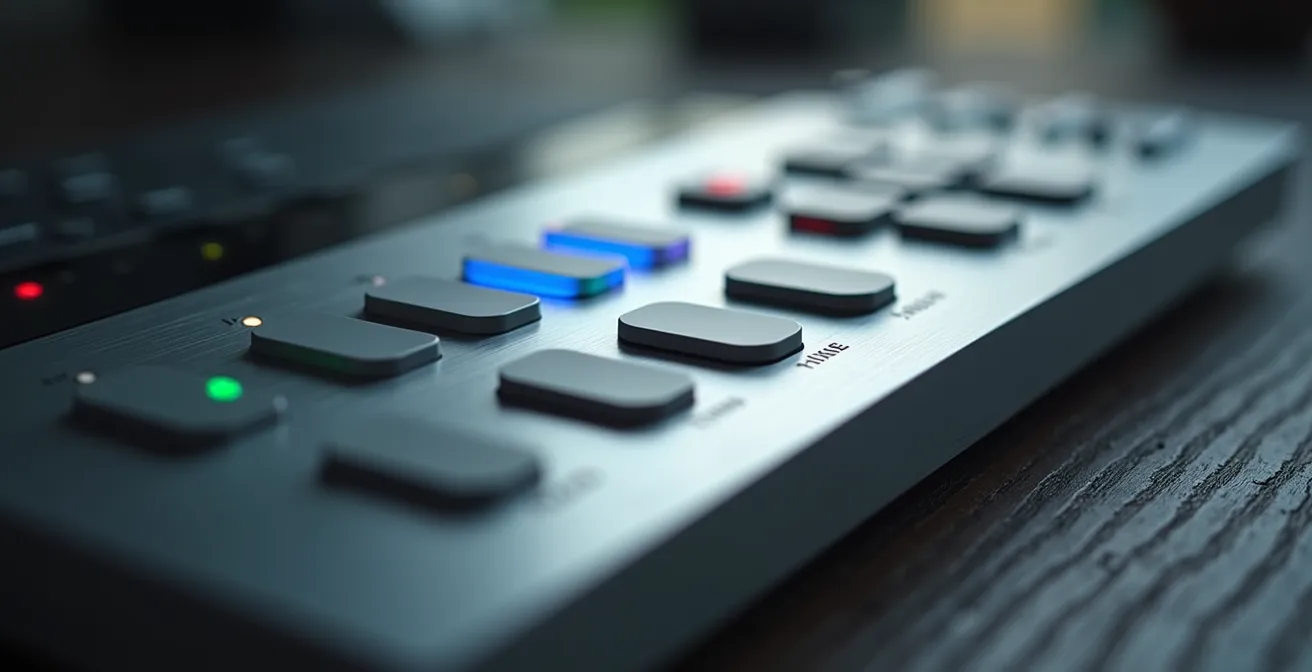 Panel de control táctil minimalista con interfaz simplificada para gestión de auditorio corporativo