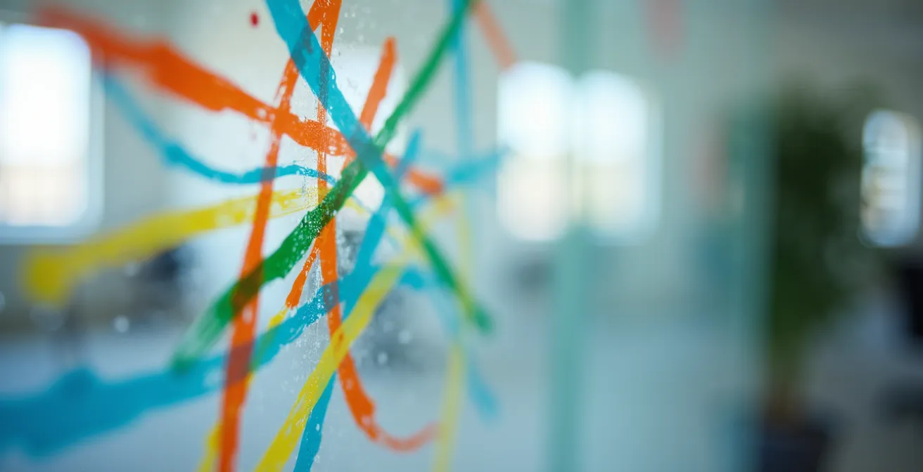 Pared de cristal con ideas escritas en marcadores de colores durante sesión creativa