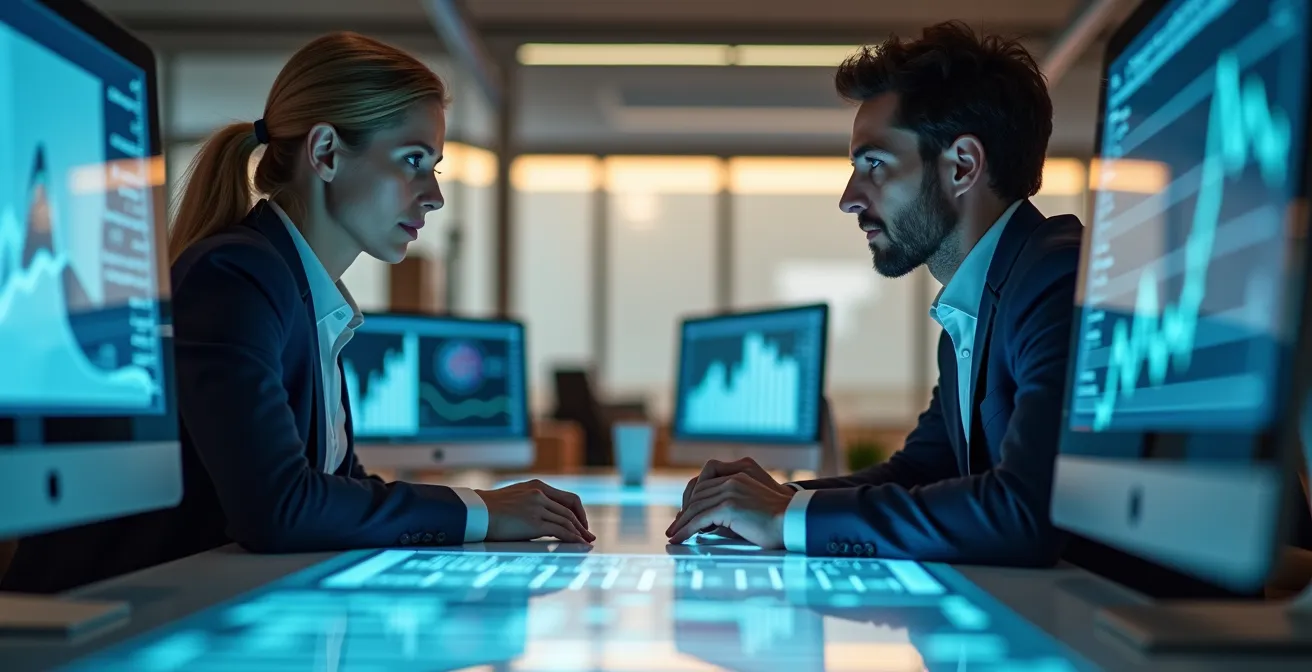 Dos profesionales comparando datos en pantallas gemelas, representando la validación en modo espejo de procesos automatizados