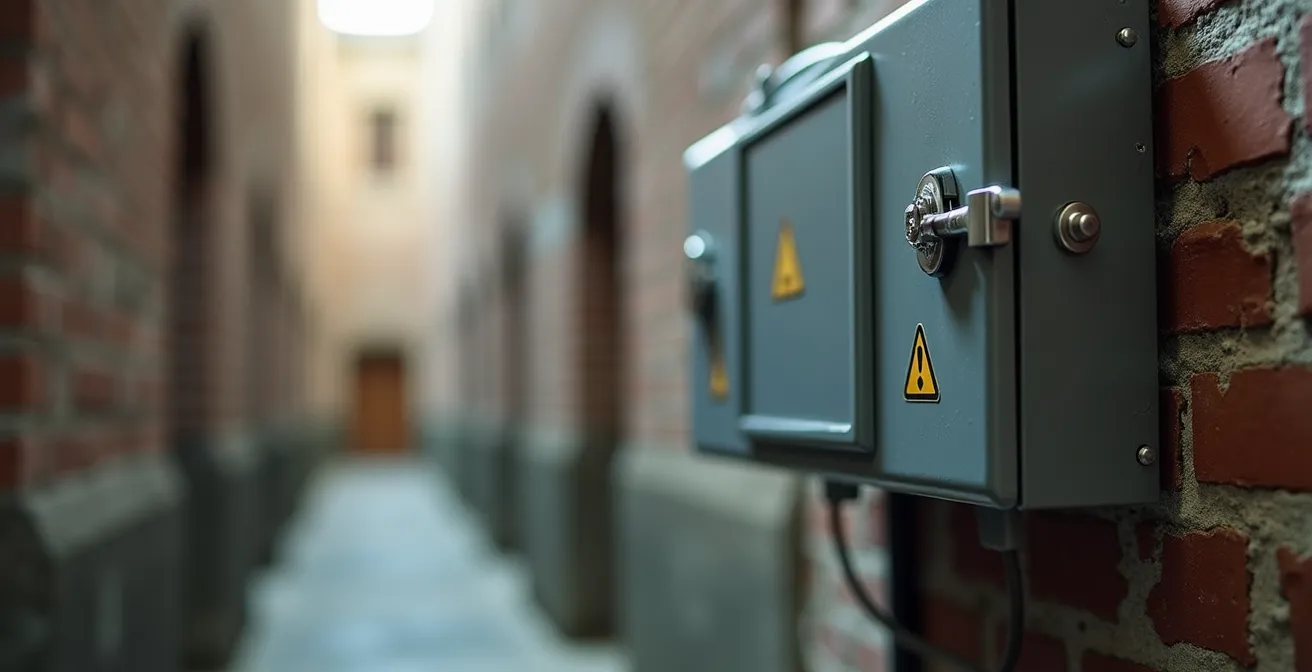 Cuadro eléctrico protegido con armario transparente en pasillo estrecho de oficina antigua