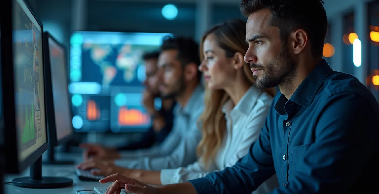 Equipo de respuesta a incidentes trabajando en centro de operaciones de seguridad