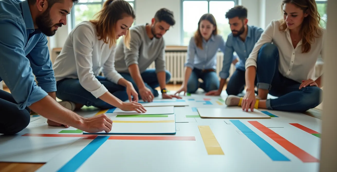 Equipo colaborando en rediseño de oficina con elementos temporales y móviles