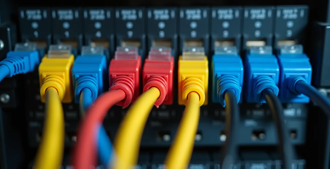 Rack de comunicaciones profesional con sistema de código de colores y patch panels organizados