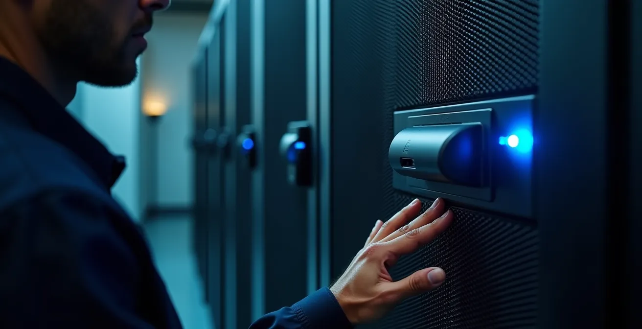 Rack de servidores cerrado con sistema de control de acceso biométrico en pasillo de centro de datos
