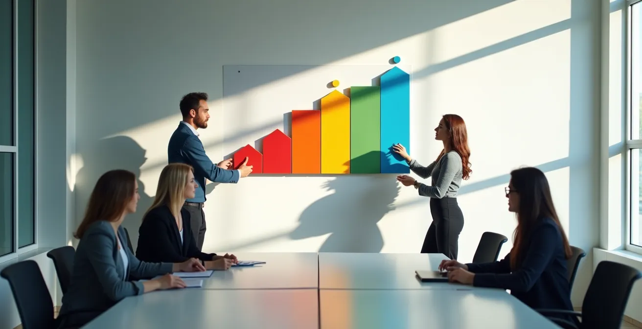 Vista amplia de sala de reuniones con equipo analizando tablero de retrospectiva con notas de colores