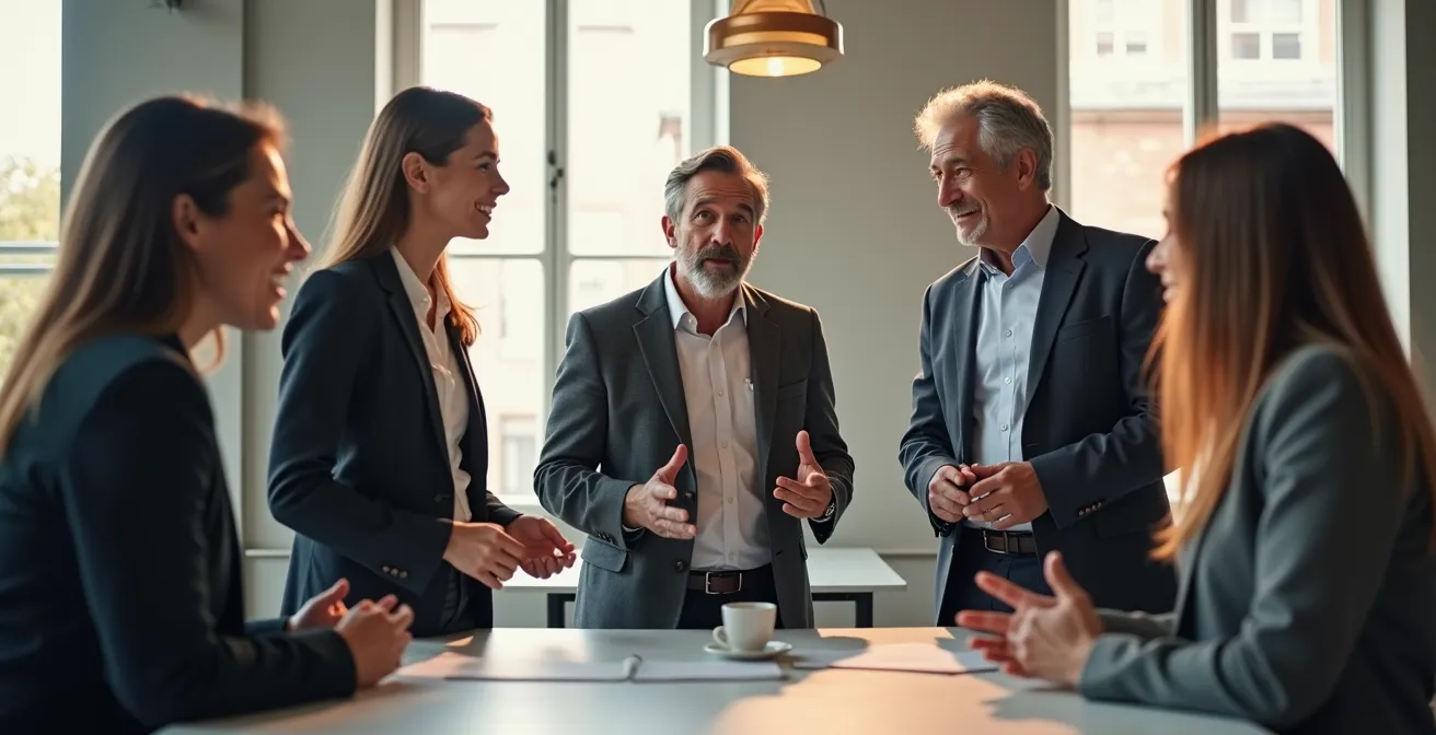 Equipo diverso de profesionales en reunión de pie alrededor de mesa alta en oficina moderna