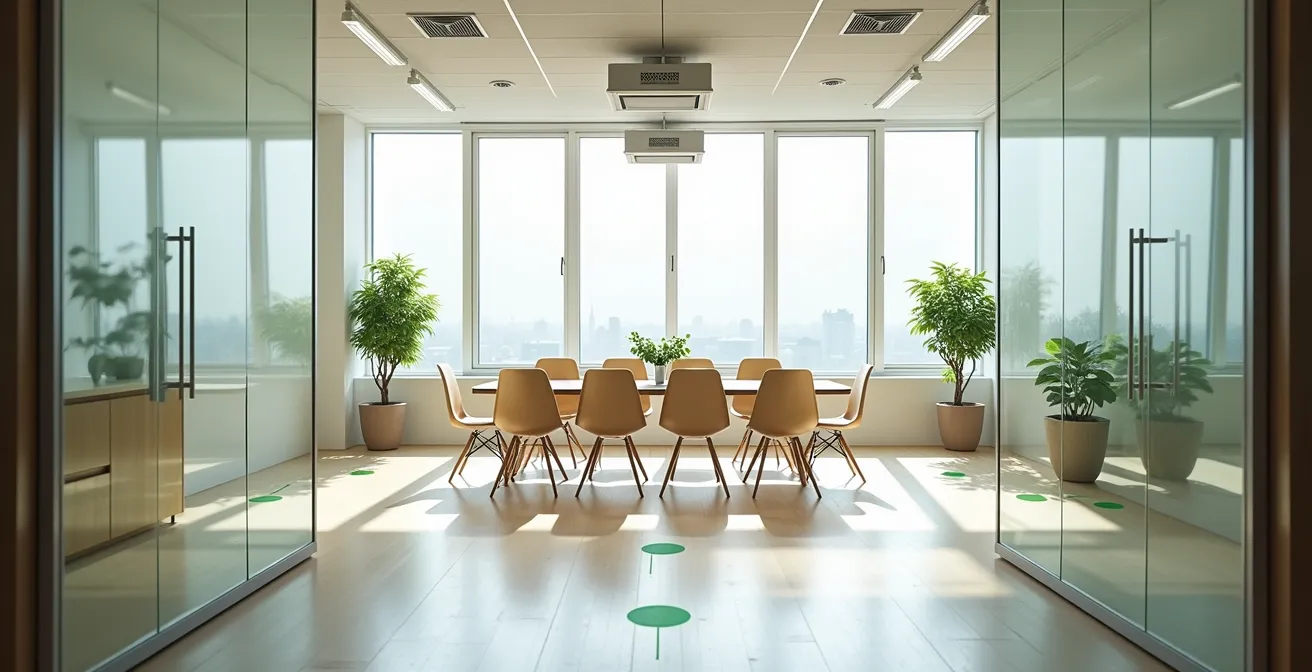 Sala de reuniones moderna con sistema de ventilación visible y distribución espaciada de mobiliario
